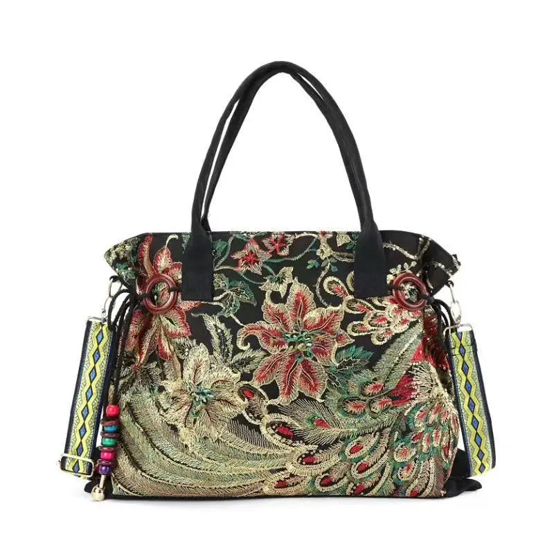 Fashion lady canvas bag new sequins phoenix shoulder bag handbag ethnic style embroidery leisure travel bag tassel canvas bag