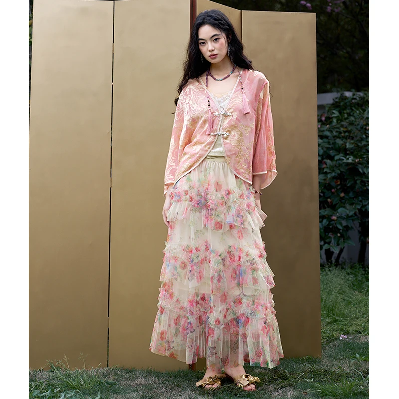 ELFSACK Floral Butterfly Print Tiered Maxi Skirt, Gothic Court Chiffon A-Line Long Skirt, Sweet Casual Daily Bottoms for Women - Image 3
