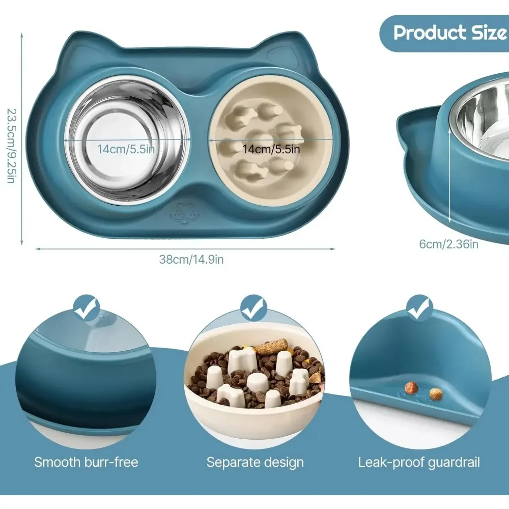 وعاء تغذية الحيوانات الأليفة والقطط وعاء من الفولاذ المقاوم للصدأ قاعدة من السيليكون مضاد للمصارعة وعاء طعام بطيء لمنع تغذية الحيوانات الأليفة