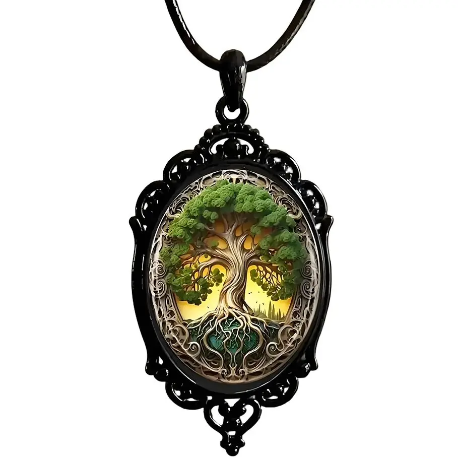 

Viking Yggdrasil Tree of Life Pendant Necklace Halloween Gothic Jewelry for Men Women Norse Pagan Adjustable Black Cord Chain