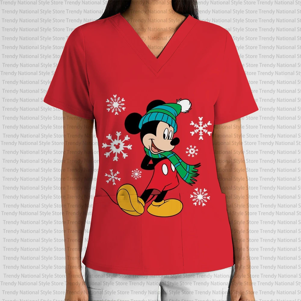 المرأة ديزني ميكي وميني عيد الميلاد جمع قصيرة الأكمام العمل موحدة الخامس الرقبة طباعة فرك أعلى هدية عيد ميلاد تي شيرت