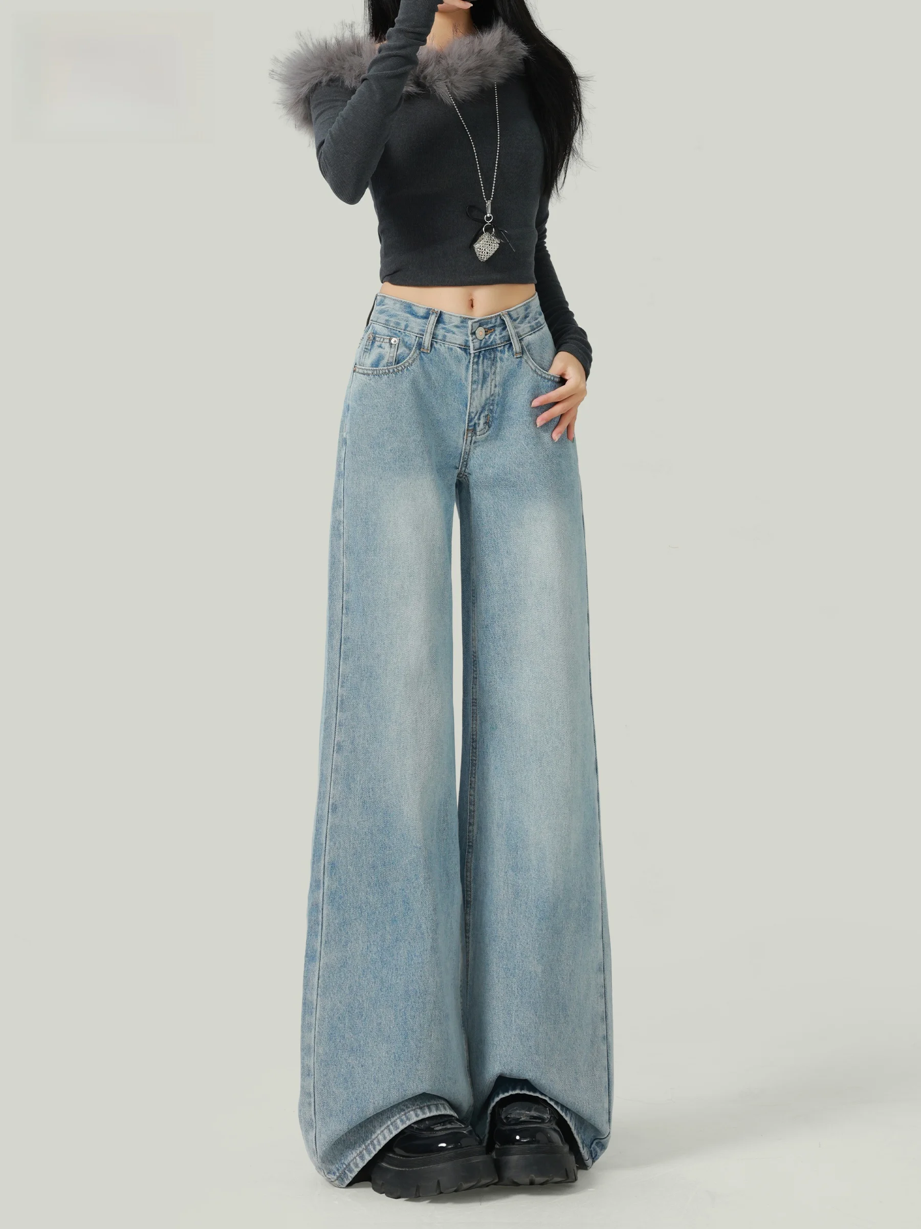 

Low Waist Flared Jeans Women's Loose Fit Casual Style Light Blue Denim Pants Autumn New Arrival Slimming Drapey Floor-Length