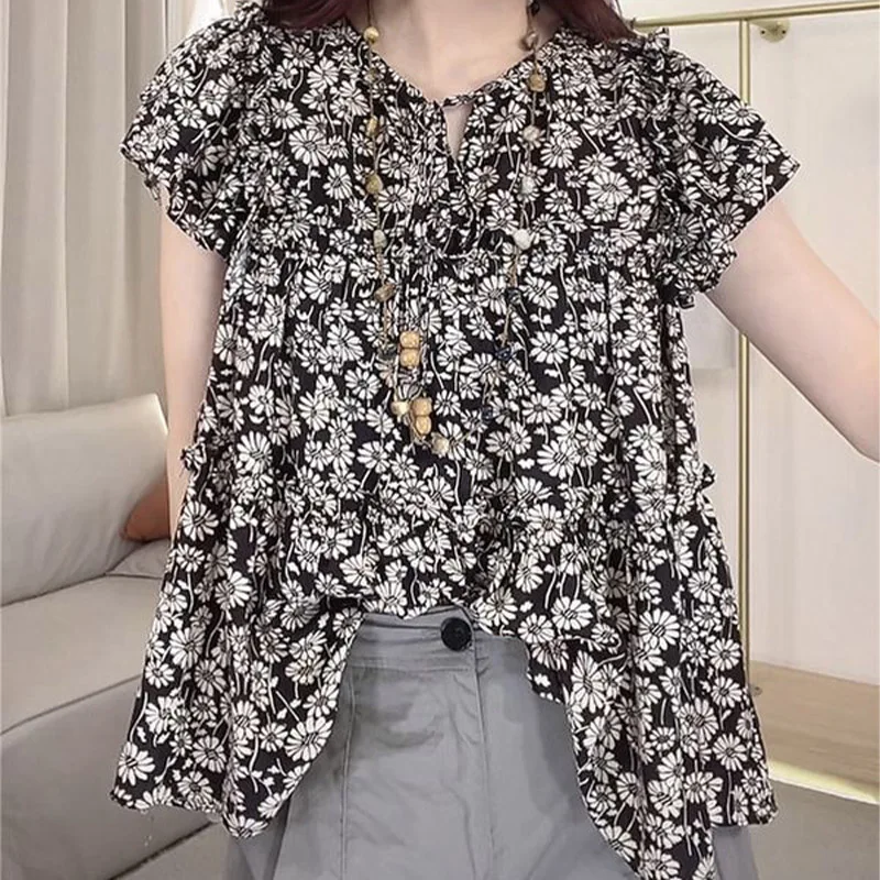 High End French Style Flying Sleeve Floral Lace Up Shirt for Women's Summer New Loose Casual Elegant Stylish Bow Top for Women