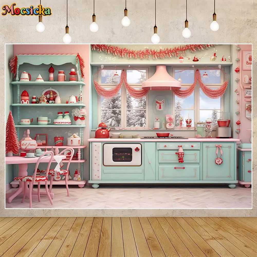 Mocsicka Christmas Kitchen Photography Backdrops Blue Cabinet Xmas Tree Kids Photocall Family Portrait Background Photo Studio