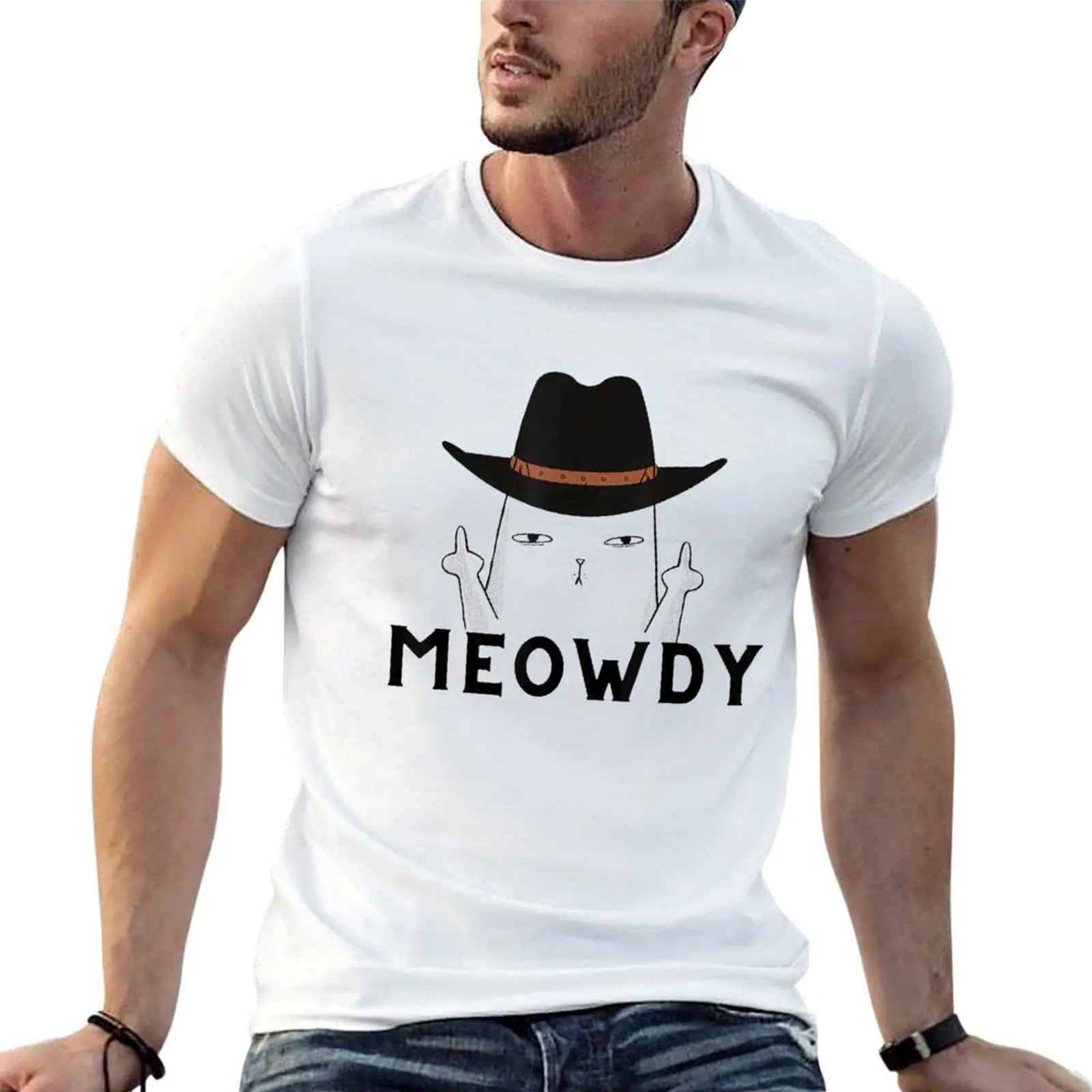 Meowdy, Funny Mashup Meow and Howdy ,Cat Meme,Cat Lover T-Shirt graphics heavyweights T-shirts for men cotton