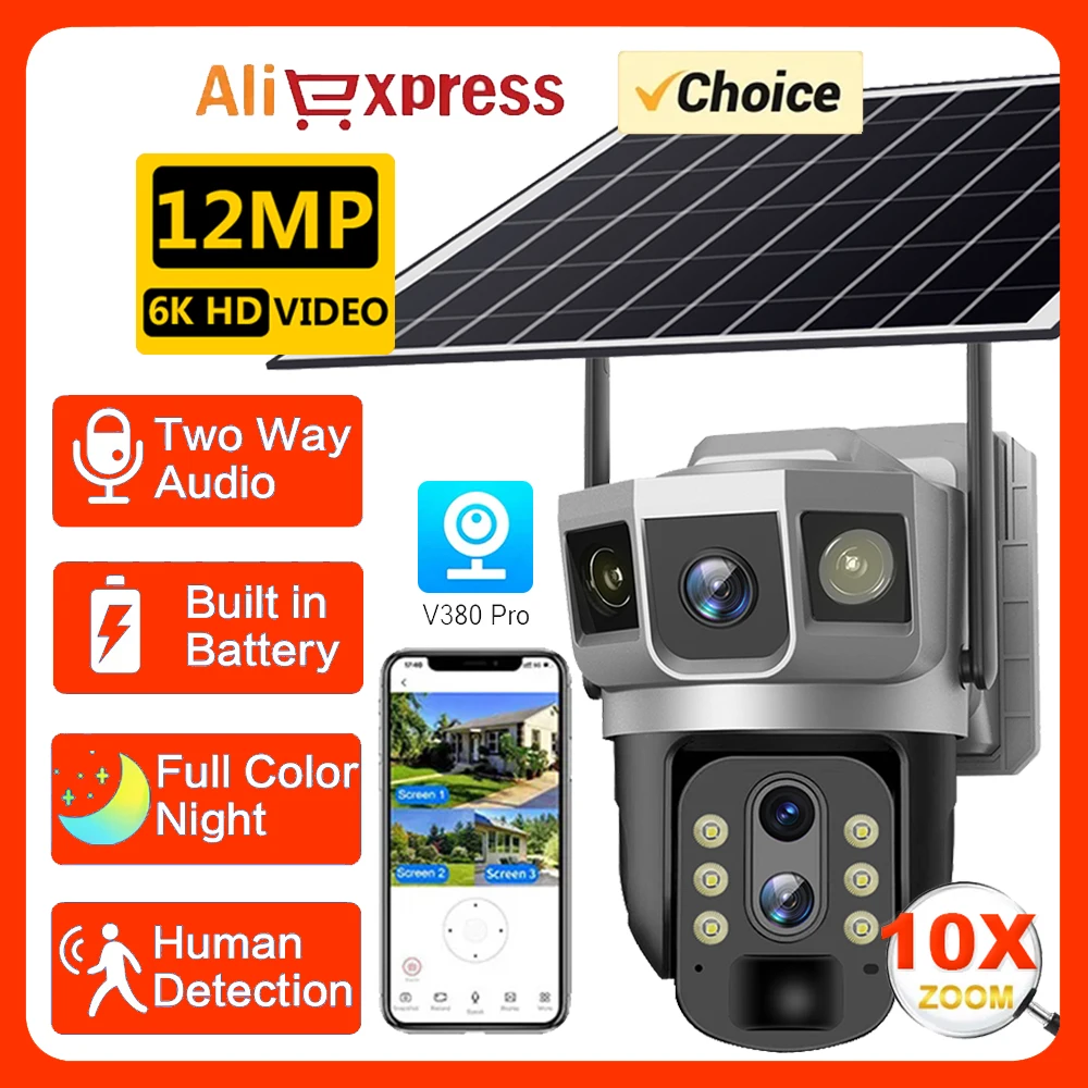 3 Lens 12MP Solar CCTV Camera IP Wireless Smart Home Security Video Surveillance Solar Power Built in Battery Outdoor IP Cameras