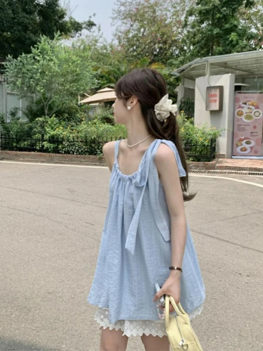 

Sweet Style Blue Sleeveless Shirt for Women Summer Gentle Wind Knot Strap Bared Shoulder Doll Top Loose Fit round Neck