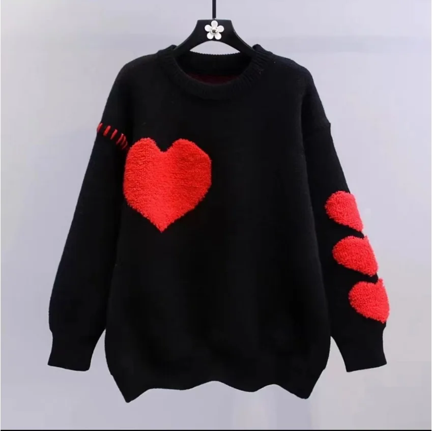 OMCHION Pull Femme Fall Winter Soft Knitted Top Round Neck Heart Jacquard Casual Women Sweaters Knitted Vintage Pullovers