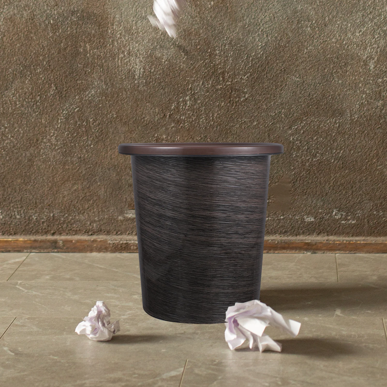 

2pcs Wood Grain Trash Can Thickened Plastic Round Waste Paper Basket For Kitchen Home Storage Garbage Container