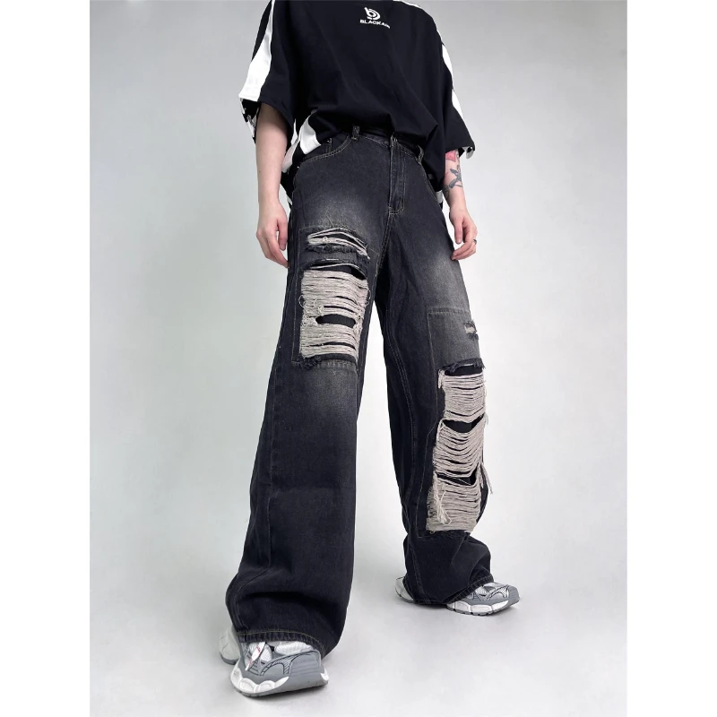 

Spring and autumn design ripped jeans men loose straight leg trendy brand ins washed retro American wide-leg pants
