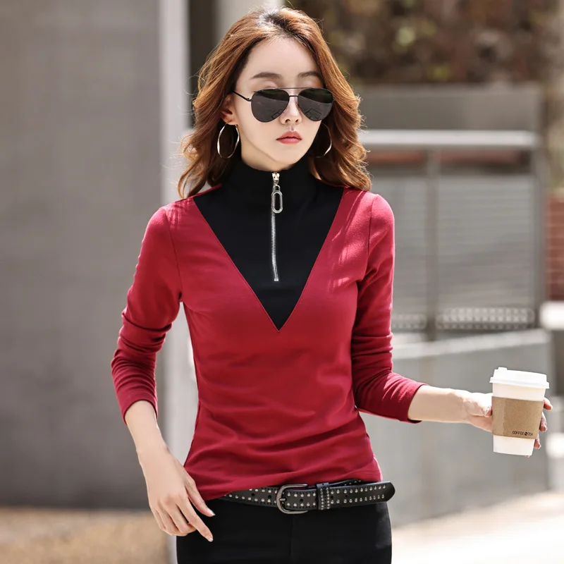 Fake Two-Piece Zippered Stand Up Collar Bottom Shirt Women\'s Spring Autumn New Slim T-Shirt Lapel Casual  Long Sleeved Top