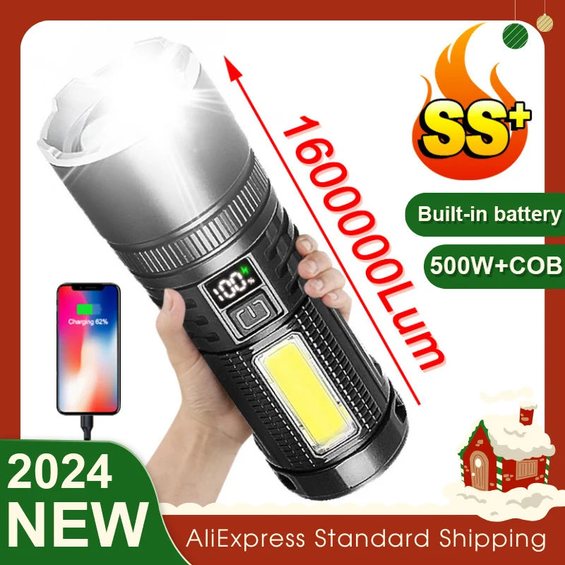 Most Powerful Led Flashlight High Power 500W+COB Rechargeable Led Flashlight Ultra Powerful Tactical LCD Lantern Self defense