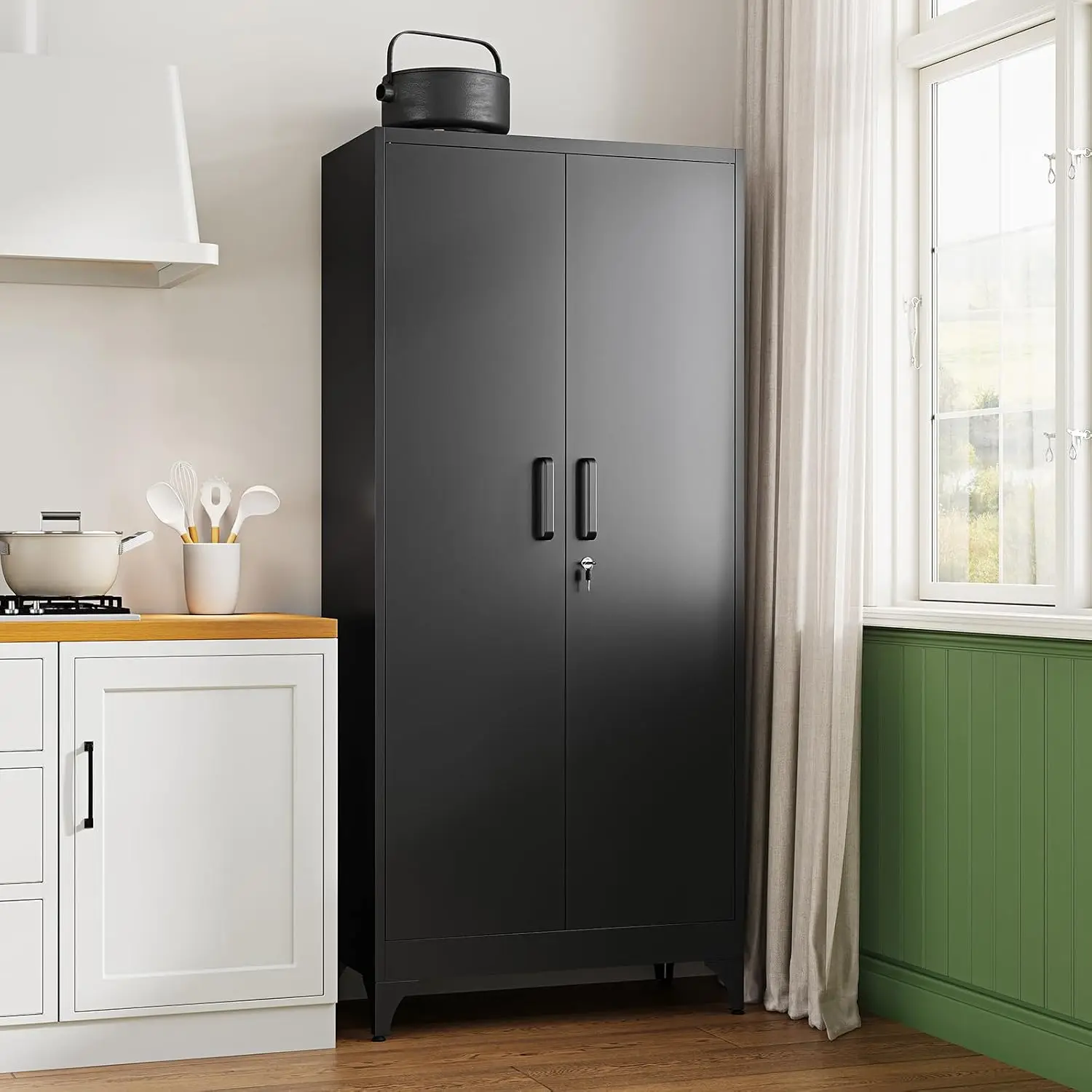 Metal Storage Cabinet 2 Doors 4 Shelves Tall Pantry Cupboard Organizer Dining Bathroom Office Garage Steel Locker, Customized