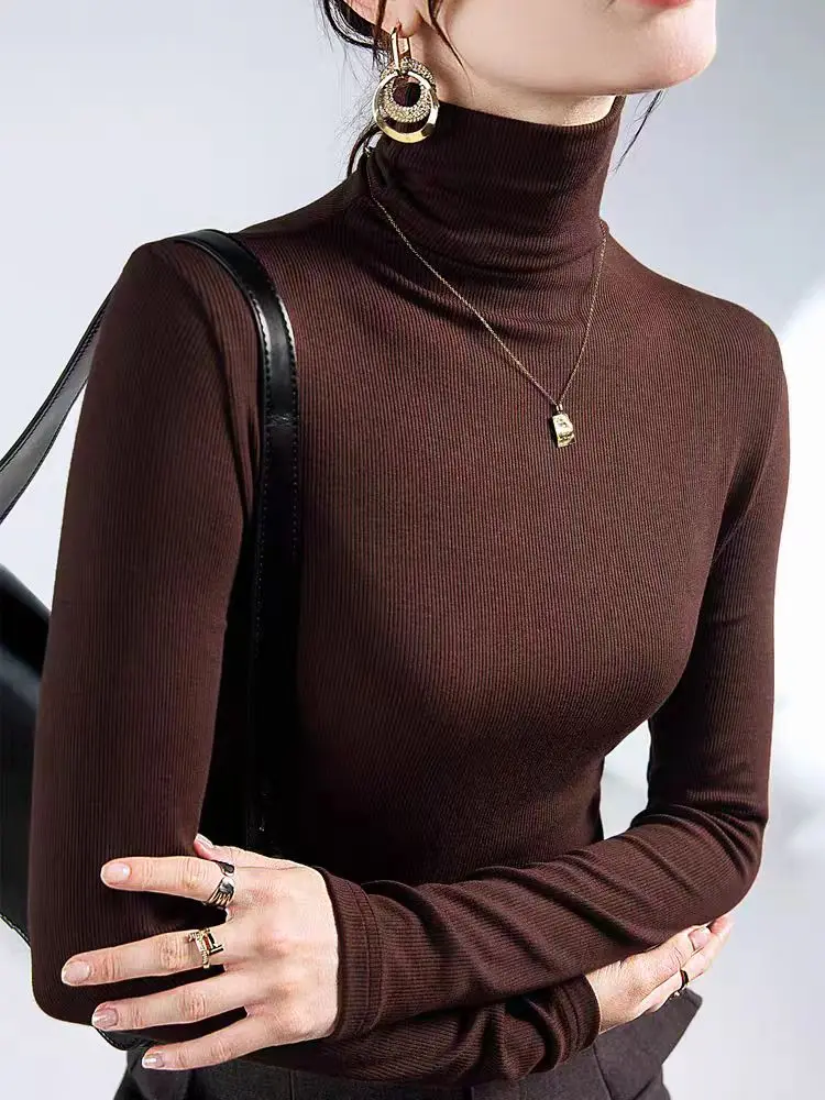 Women Turtleneck Slim Soft Long Sleeve T Shirts Lady Elegant Stretchy Solid Base Undershirts Tees Female Basic T-Shirt Top