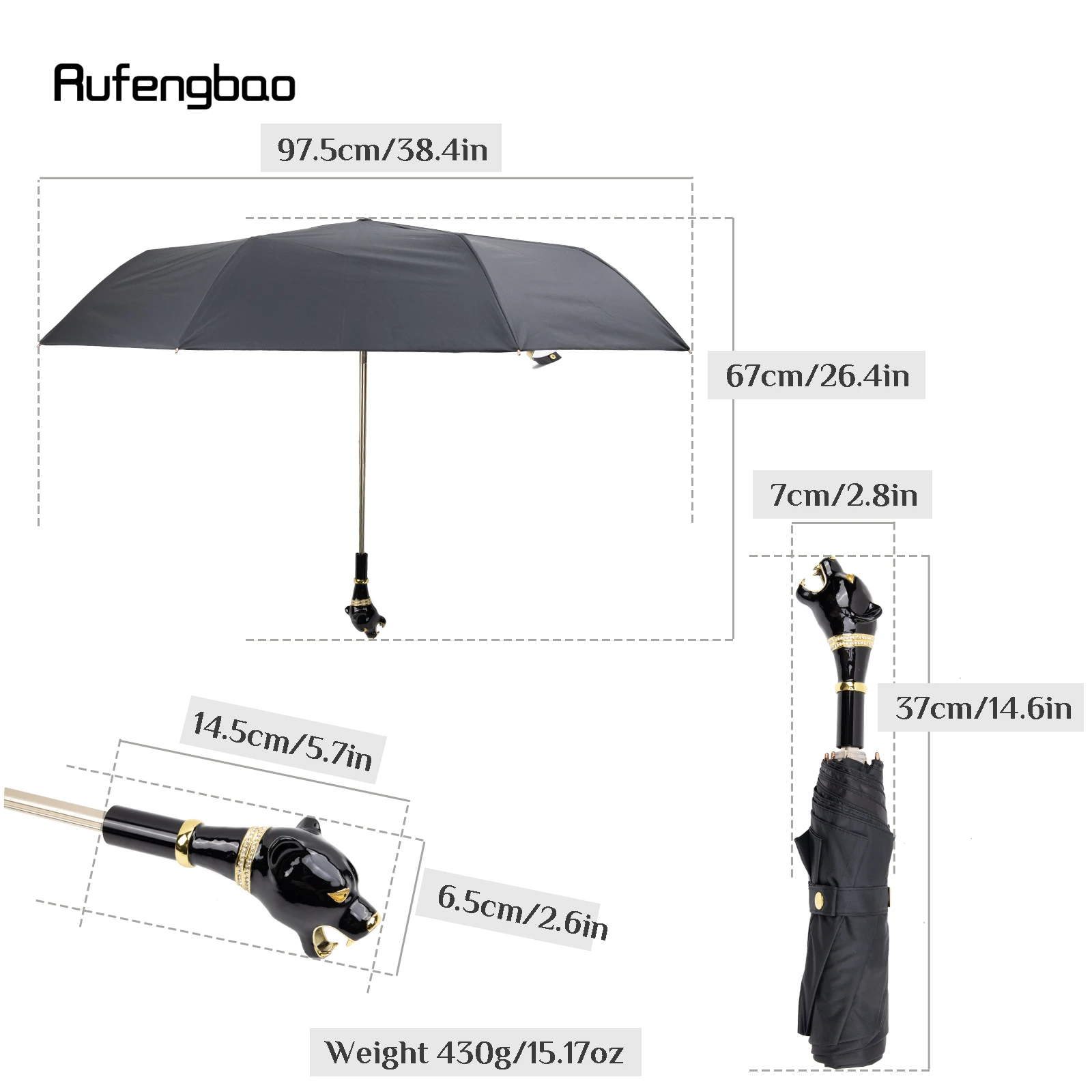 Black Leopard Handle Women's Men's Umbrella, Automatic Umbrella, Folding UV Protection Sunny and Rainy Days Windproof Umbrella