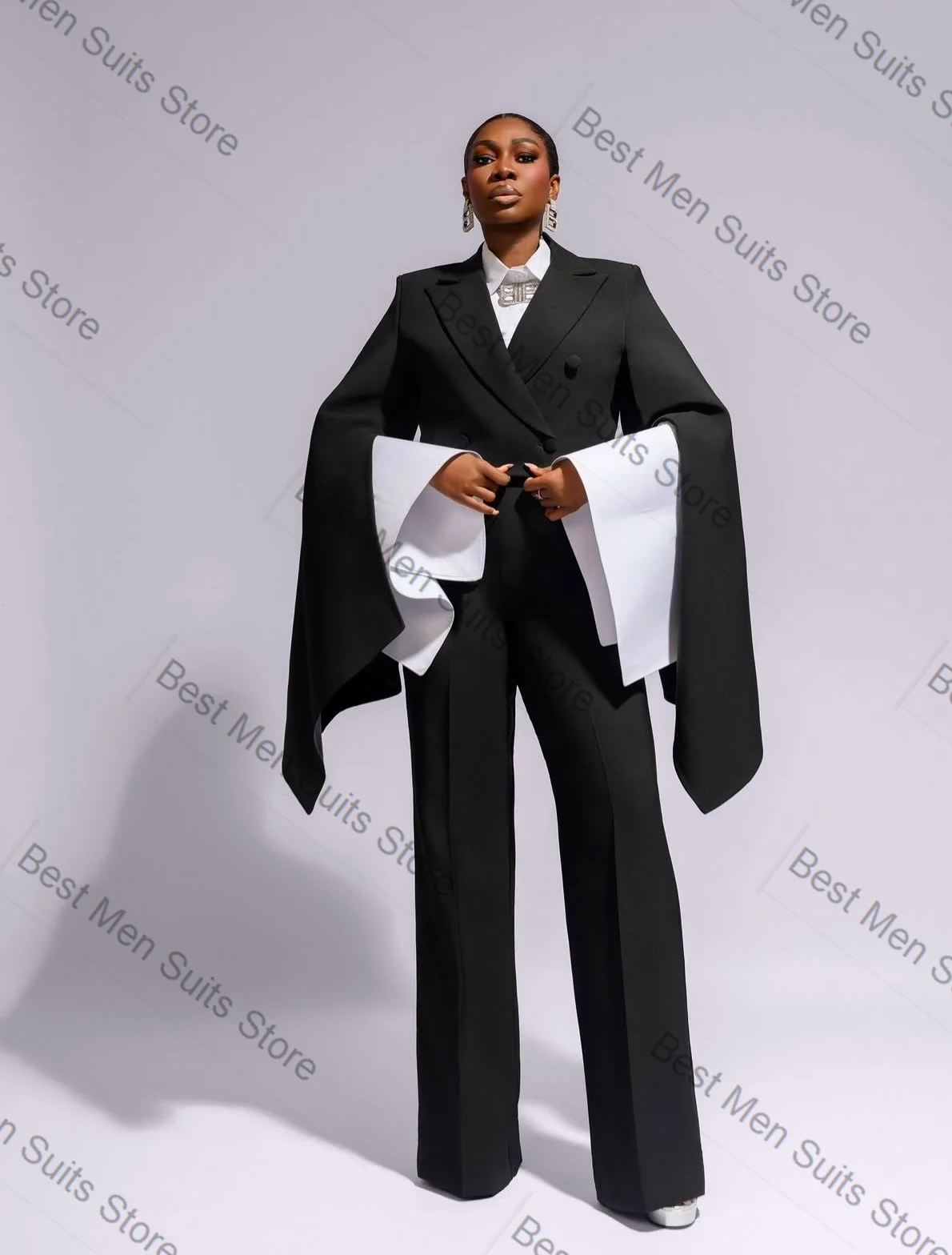 Black Women Suit Pants Set 2 Pcs Blazer+Trousers Large Sleeves Formal Office Jacket Customized Wedding Tuxedo Guest Coat