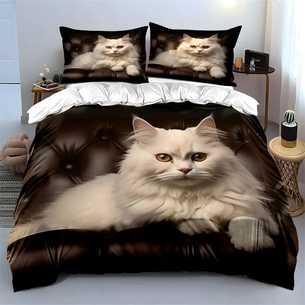 White cat resting on brown sofa Bedding Set for Kids Luxury Gift 3pcs Digital Print Comforter Set Soft Comfortable Breathable