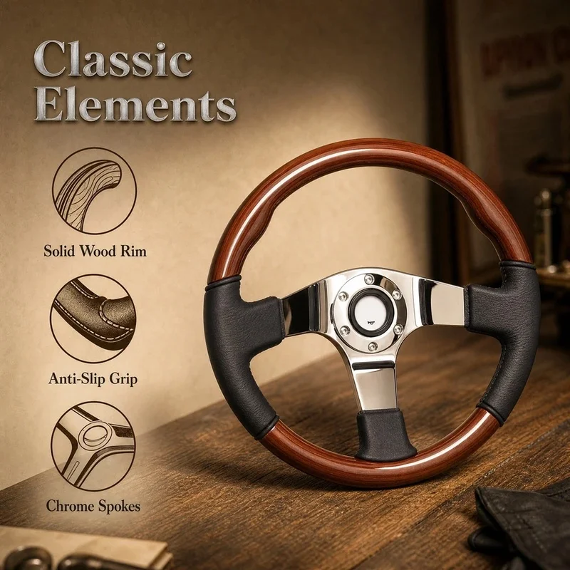 High Quality Vintage Solid Wood Racing Steering Wheel With Microfiber Leather Grip And Three Spoke Interior Accessory