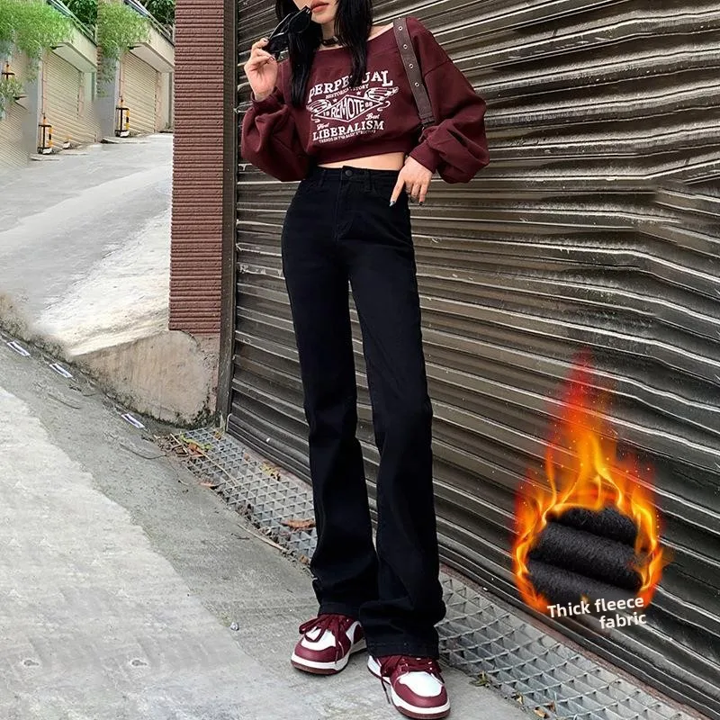

High Waist Black Straight Leg Jeans for Women Wide Comfortable Casual Style Composite Fabric High Elasticity Winter Collection