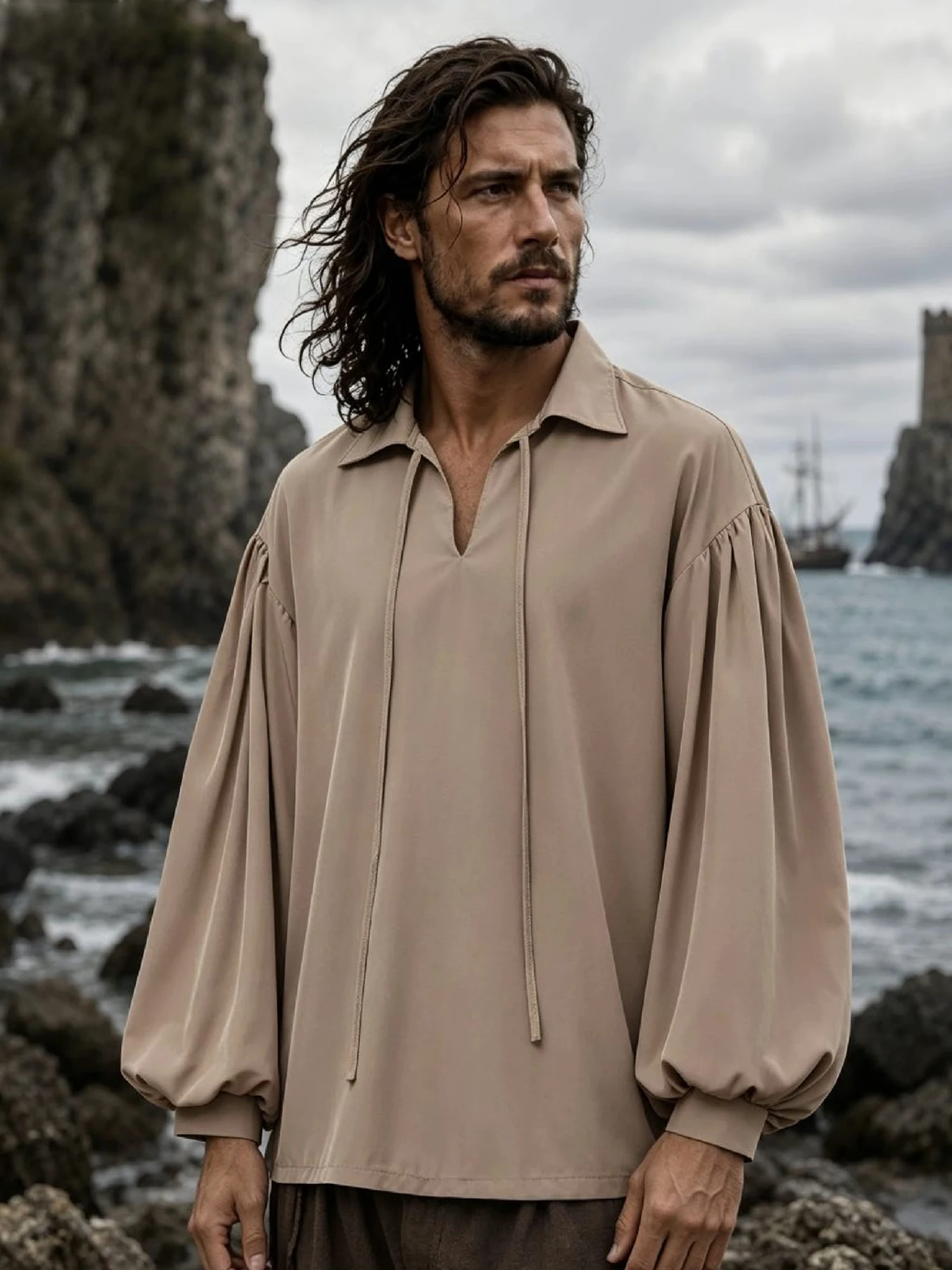 Vintage-Style V-Neck Shirt for Men, Suitable for Pirates, Halloween, Or Vampire Costumes