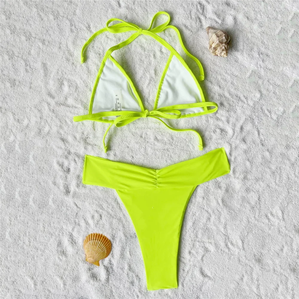 Neon Grün String Halter Dreieck Bikinis Sets Sexy Badeanzug Frauen Metall Ring Bademode High Cut Badeanzug Mini Bikini Mujer