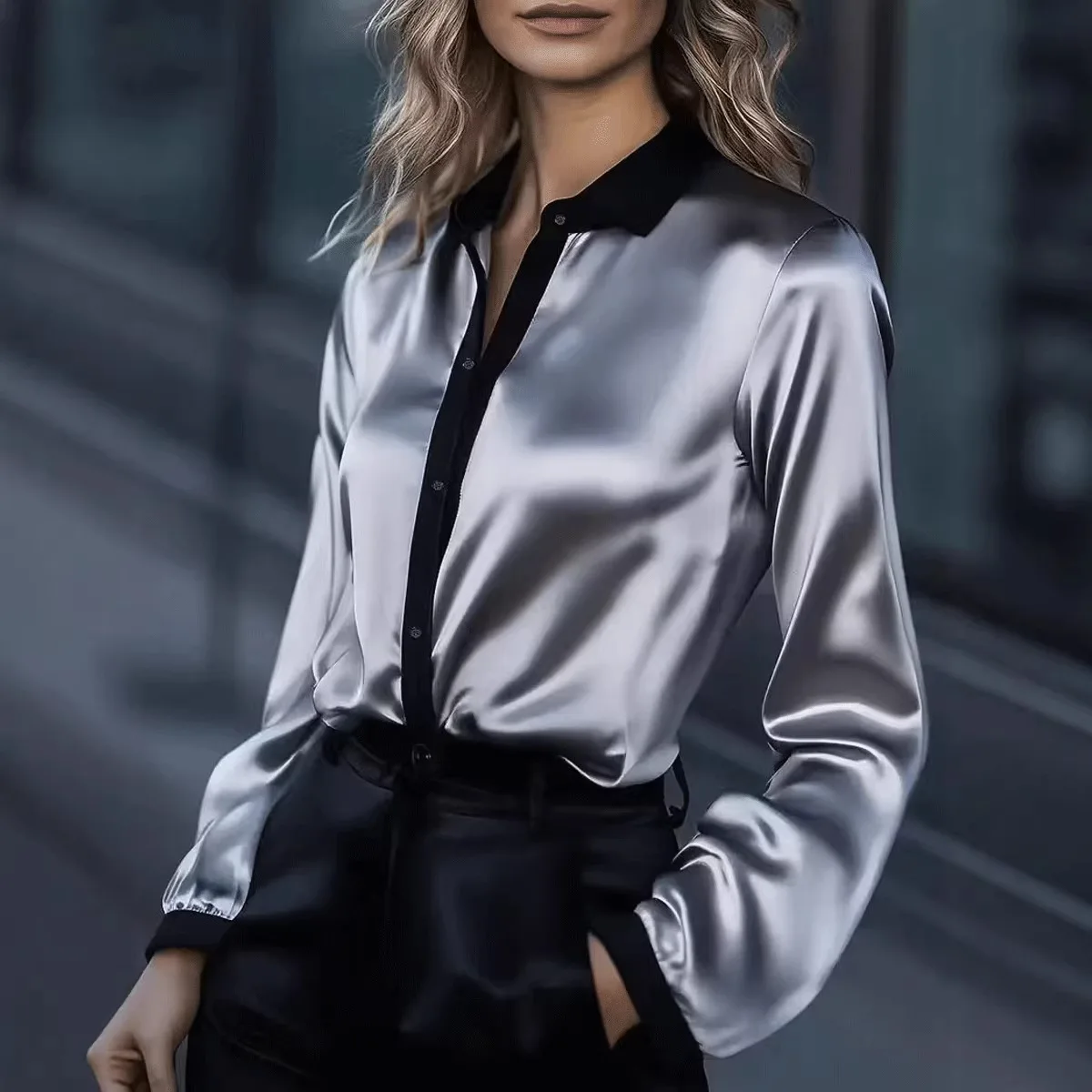 

Женская элегантная блузка, весенняя рубашка с отложным воротником, длинным рукавом, атласной текстурой, дышащая, с цветными вставками, свободного кроя, для офиса и повседневной носки