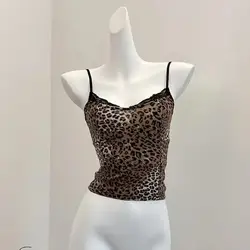 Women's Leopard Crop Top Sets Fashion Vest Aesthetic Corset Top Off Shoulder Sleeveless Y2k Sexy Vintage Tank Tops 2000s Clothes