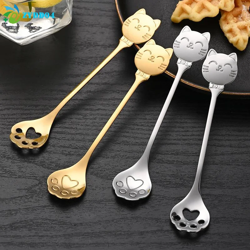 ●1PCS Cute Cat Claw Spoon Stainless Steel Coffee Mixing Spoon Ice Cream Cake Dessert Teaspoon Scoops Tableware Kitchen Accessori