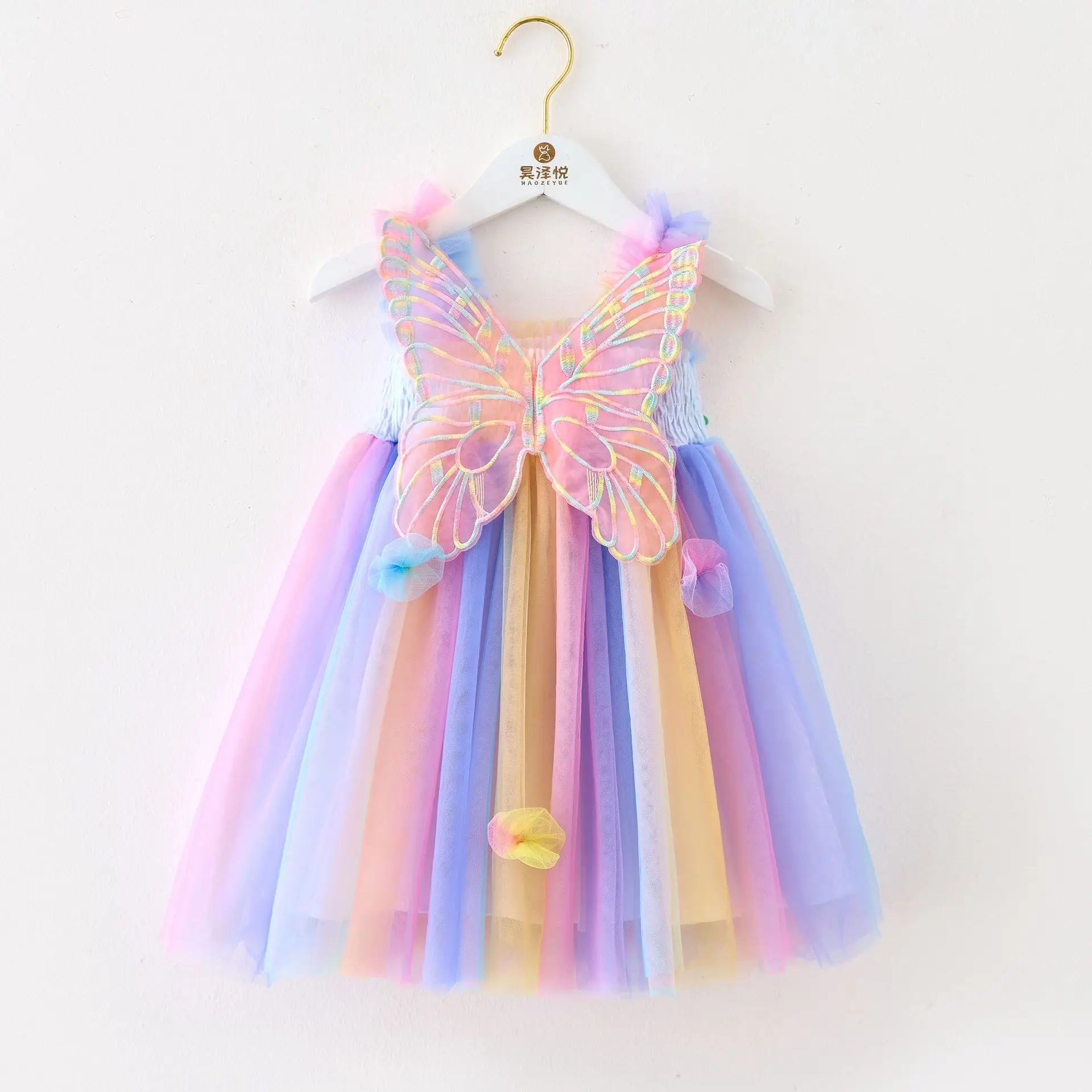 Fashion Sweet Dress For Baby Girl Clothes Rainbow Angel Wings Fairy Princess Cute Flower Ball Decoration Dress Kid Party Costume