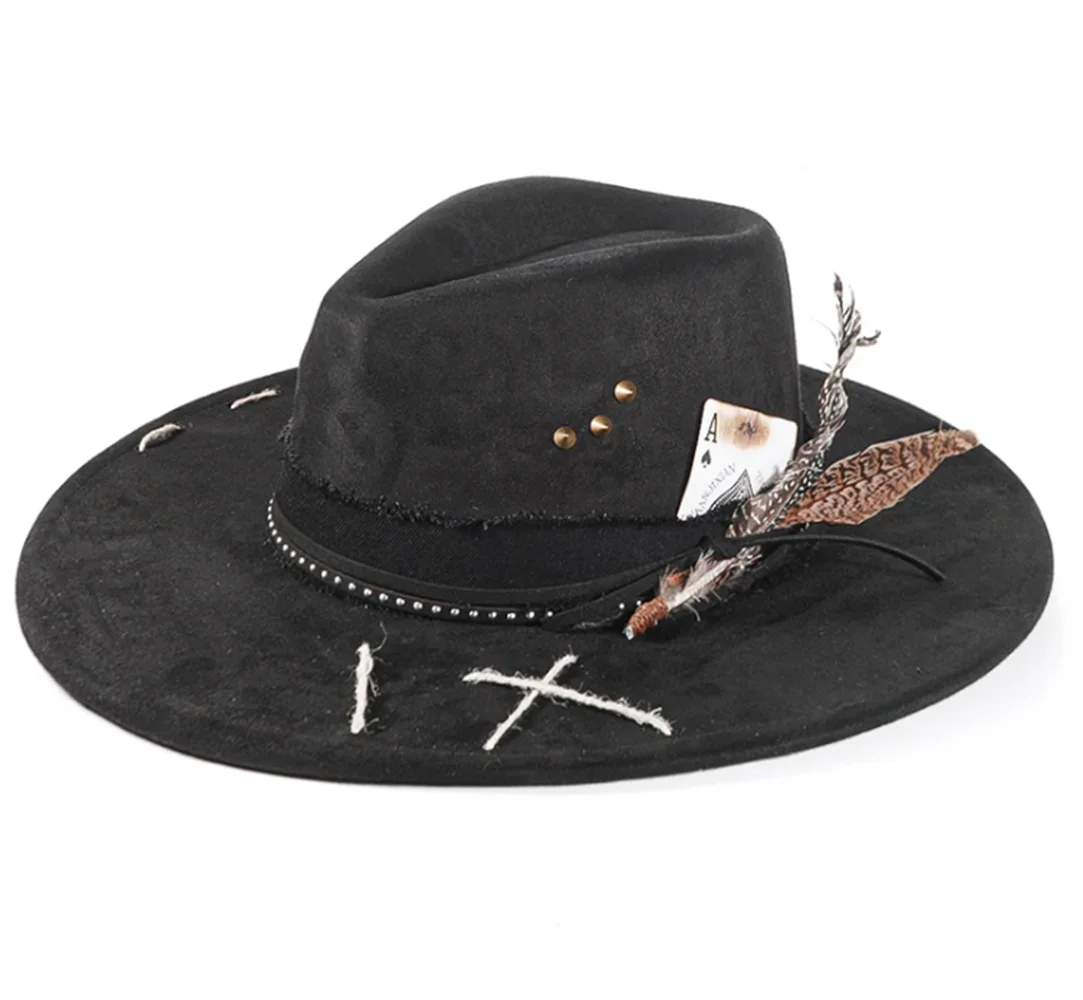 Sombrero Fedora hecho a mano de gamuza para hombre y mujer, sombrero de plumas vintage de moda Jazz, sombreros de copa, sombrero plano de Panamá, sombrero británico para mujer