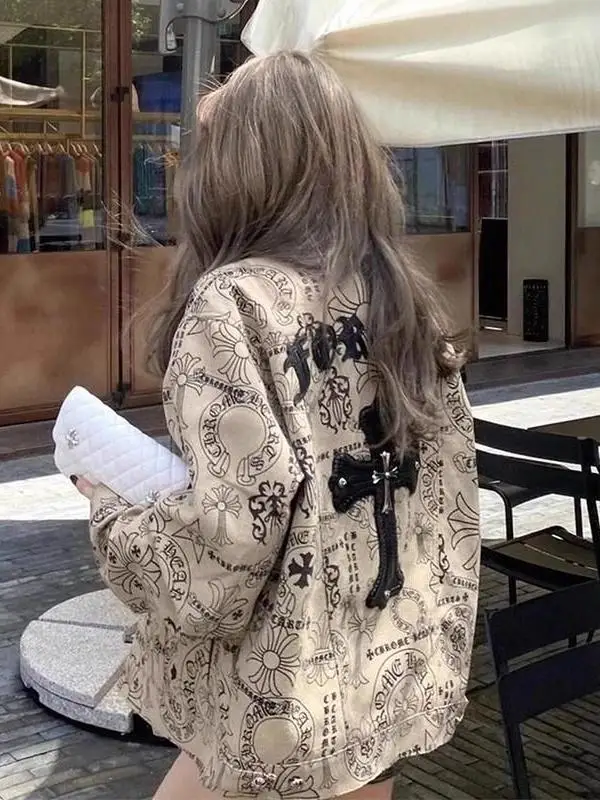 

ex Denim Jaet Spring Autumn Cross Stitch irt Design Unique Couple Jaet Top for Men And Women