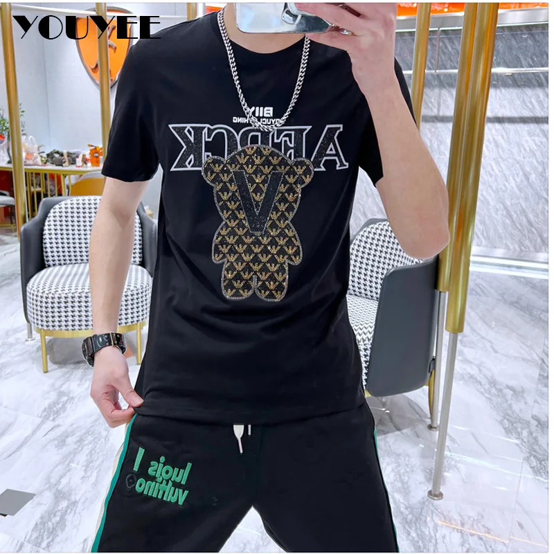 2023 New T-shirt Men's Fashion Slim Fit Bear Luxcy Hot Diamond Summer Round Neck Short Sleeve Male Tees Prevalent Clothing M-7XL