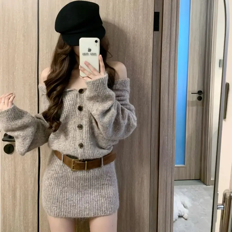 

Pure Sexy Hot Girl Off-Shoulder Sweater Dress Women Autumn Winter Fashion Waist-Hugging Short Skirt Slim A-Line Skirt