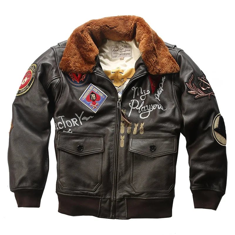 Winter Pilot Men's Detachable Wool Collar Brown Cowhide Outerwear Embroidery Printing Classic Bomber Genuine Leather Jackets