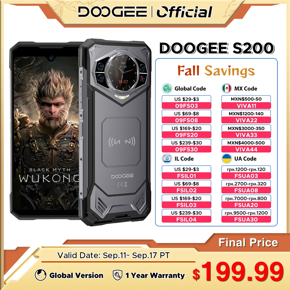 Estreno mundial DOOGEE S200 5G teléfono resistente 6,72 "120Hz pantalla 12GB RAM 256GB ROM 100MP AI cámara principal 10100mAh Android 14 NFC