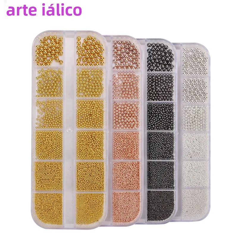 Cuentas de caviar de 12 compartimentos, accesorios metálicos para decoración de uñas, cuentas de metal para uñas con caja para decoración de uñas