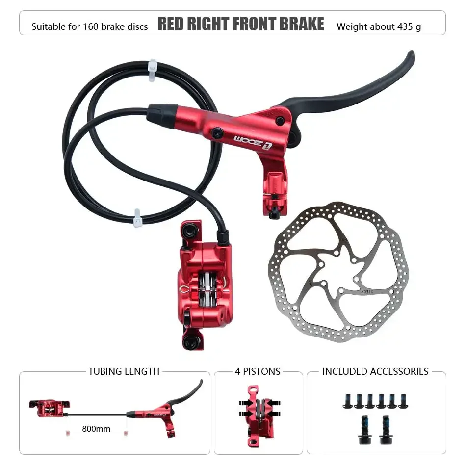 Zoom HB-876 4 Zuiger Opvouwbare Mountainbike Schijf Hydraulische Rem Set Voor 800 Achter 1400 Mm Mtb Fiets Kramp Rode Fietsonderdelen