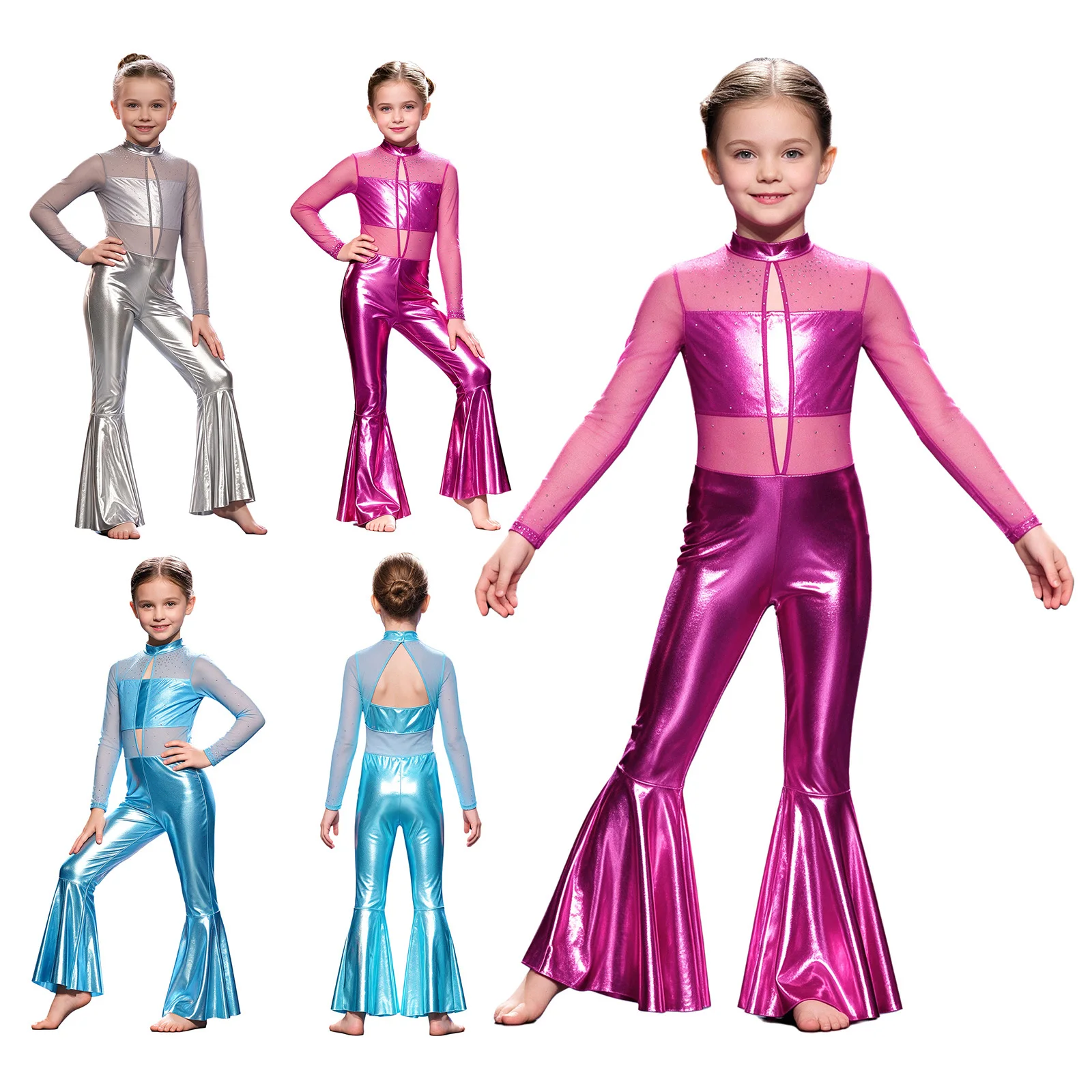 Kids Girls Metallic Bell-bottom Jumpsuit Long Sleeve Keyhole Front Cutout Back Rhinestone Mesh Patchwork Jazz Disco Bodysuit