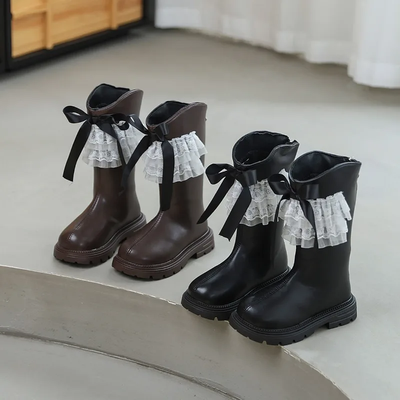 New Winter Children's Korean Lace Bow Velvet-added Fashion Boots Kids Girls' Princess Leather Ankle Boots Kids Shoes for Girl