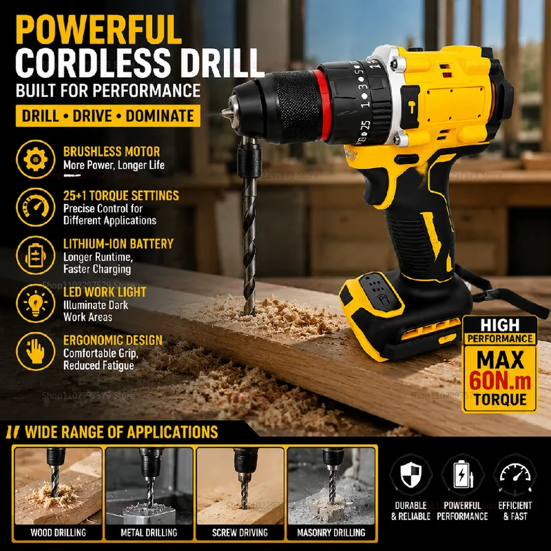 Cordless Brushless Impact Drill with LED Light Powerful Multi-Functional Electric Power Tool for Home Renovation DIY Furniture