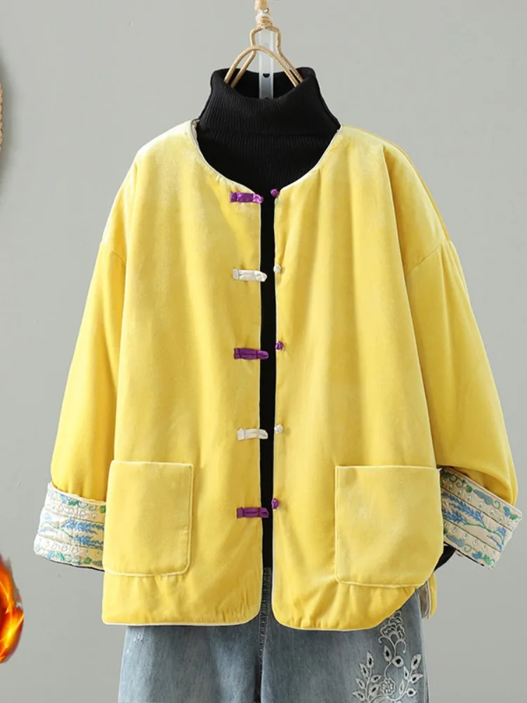 

Женское модное традиционное китайское пальто с хлопковым наполнителем Ele Yellow Velvet Jaet с вышивкой и пуговицами
