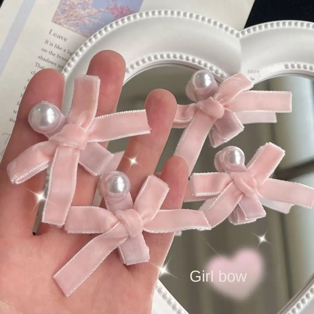 

Pink Bow Hair Clips Sweet Hair Accessories Pearl Barrette Headwear Velvet Bowknot Hairpin Girls