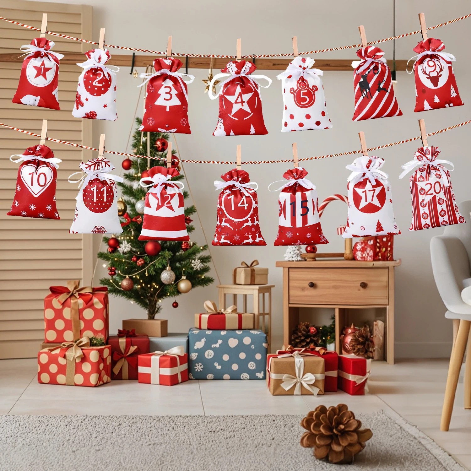 

24 Days Christmas Advent Calendar Bags Hanging Countdown Drawstring Gift Bags Reusable Fabric for Holiday Gift Giving