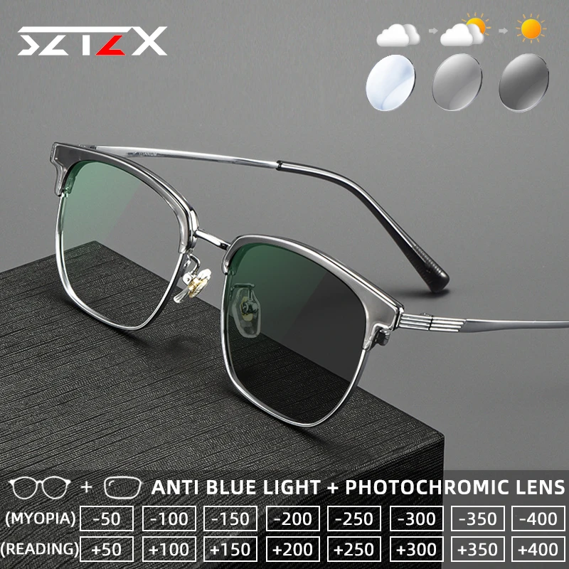 

SZTZX Retro Casual Style Titanium Photochromic Reading Glasses Anti Blue Light Myopia Glasses Progressive Prescription Eyewear