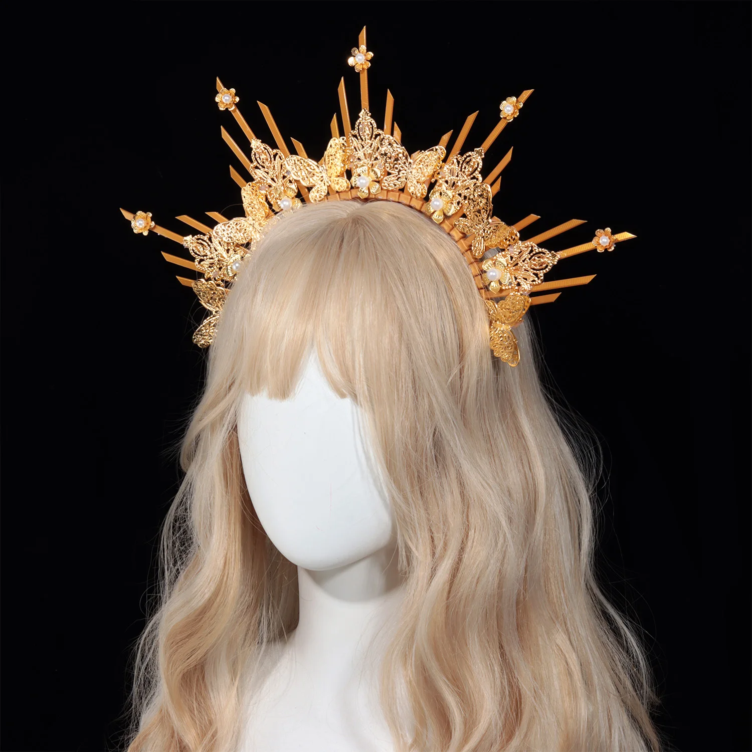 Vintage Crown Halo Headpiece Wedding Headwear Cosplay Women Sun Goddess Pearl Halloween Carnival Party Girls Headdress Props