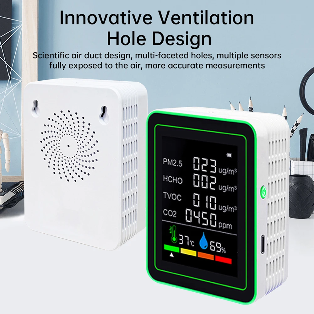 ใหม่ 6 In 1 Air คุณภาพเครื่องตรวจจับไดออกไซด์ CO2 HCHO TVOC PM2.5 อุณหภูมิและความชื้น Air คุณภาพสําหรับ Home & Office