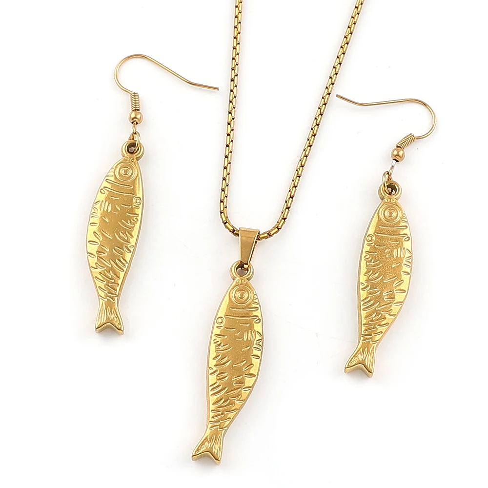 Fish Pendant Necklace Drop Earrings For Women Stainless Steel Gold Silver Color Ocean Choker Chain Necklaces Lucky Jewelry Set