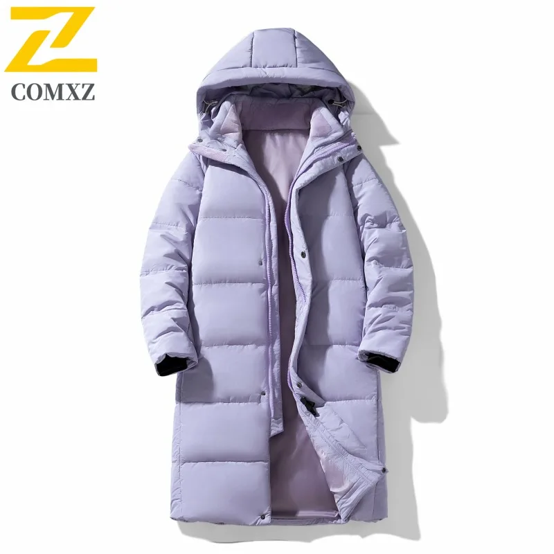 COMXZ Men Puffer Jacket Thickened Hooded Ski Street Warm Windproof Snow Winter Jacket High Quality Travel Long Padded Jackets