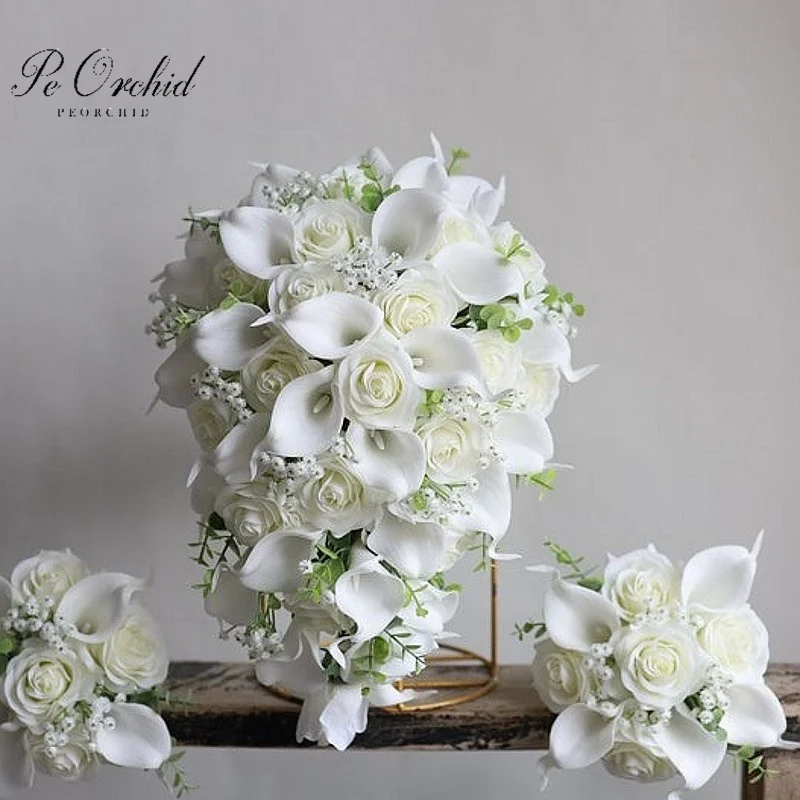 

PEORCHID White Roses Cascading Wedding Bouquet Real Touch Calla Lilies Baby's Breath Artificial Flowers Bridal Waterdrop Bouquet