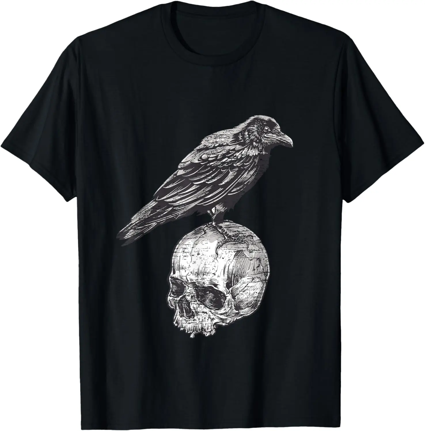 Distressed Black & White Goth occult Skull Raven or Crow T-Shirt